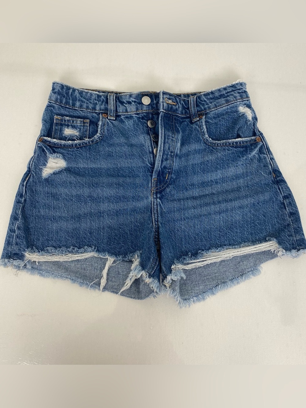 H&M Cut Off Denim Mom Jean Shorts Distressed High Waist Button Fly Women’s Sz 6